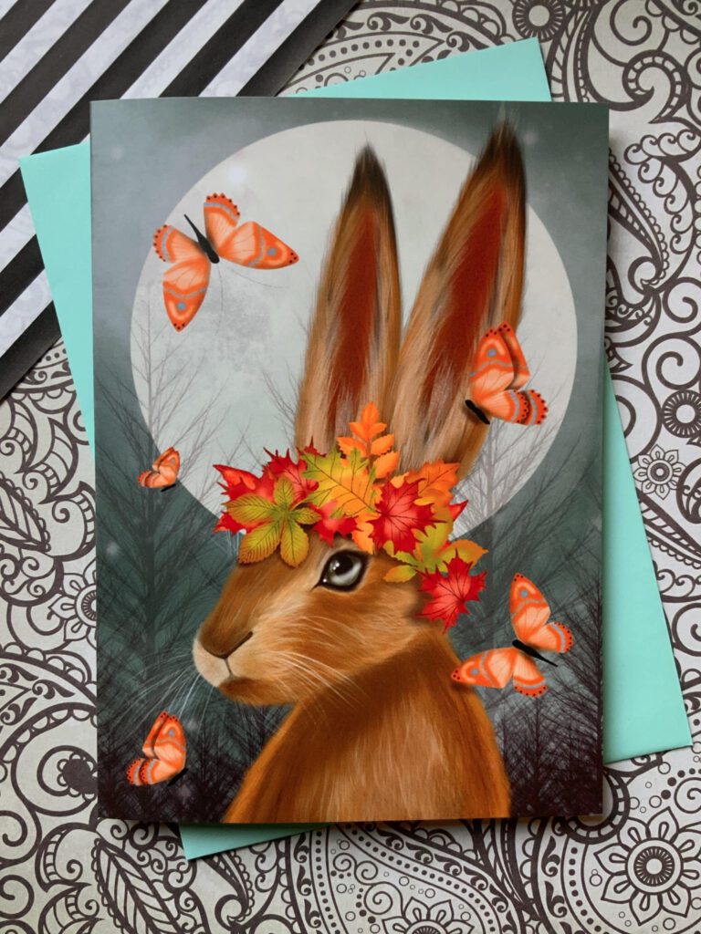 the crimson fitch, mawkins moon, dierenkaart, haas, bloemen, vlinders