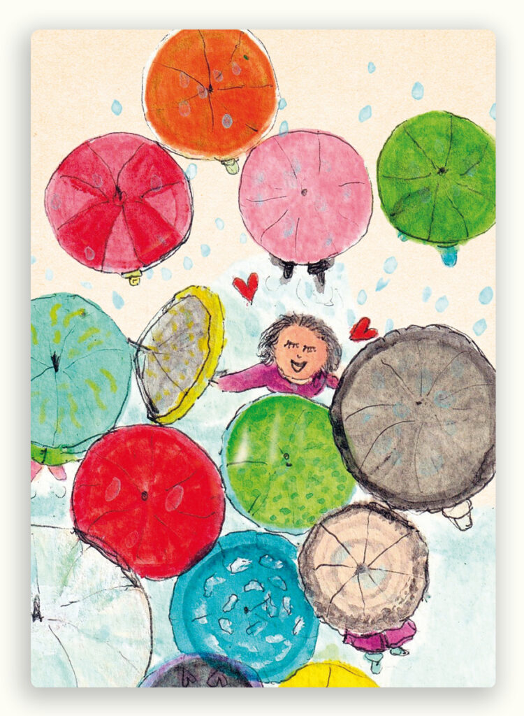 HA76, ansichtkaart, happy in the rain, gifvrije inkt, geen bomen voor gekapt