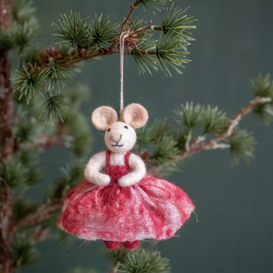 hanger muis ballerina rood, sjaal met verhaal, kersthanger