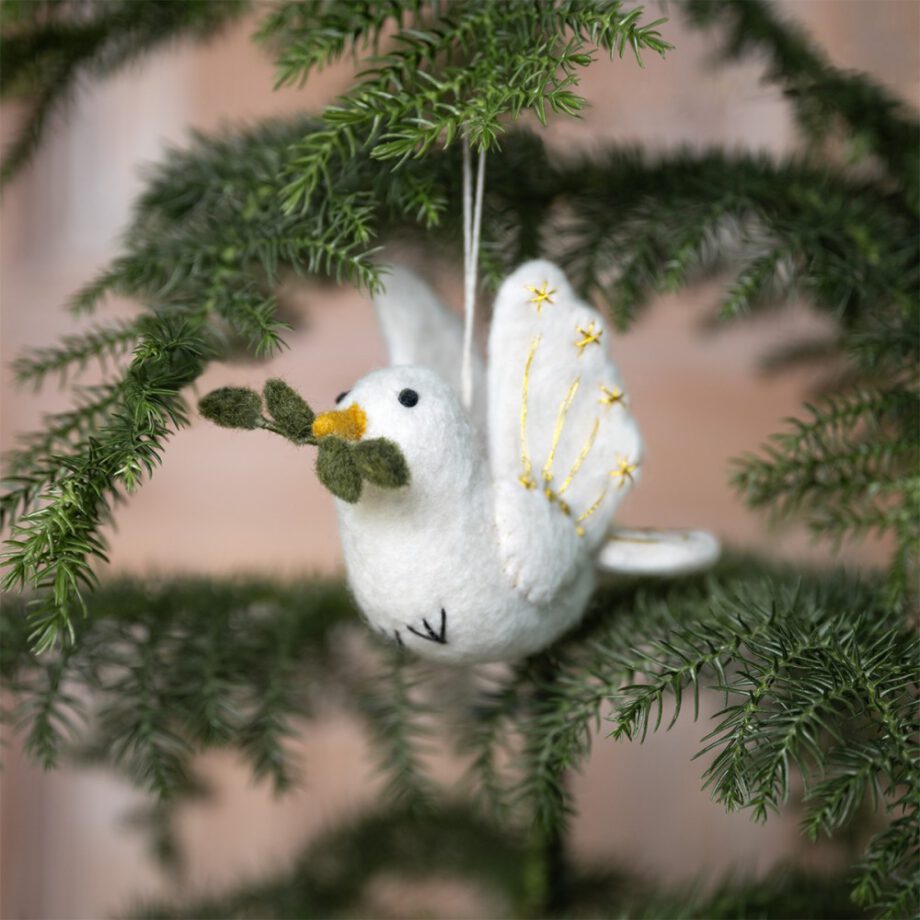 sjaal met verhaal, vogel vredesduif, Nepal, vilten hanger