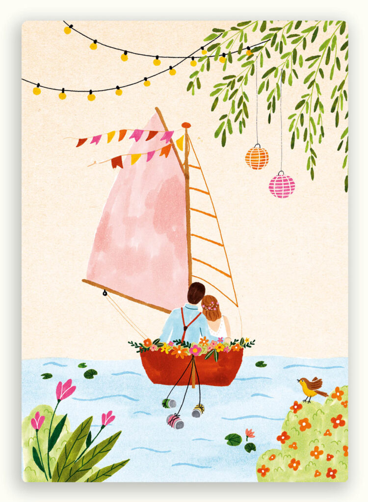 kaart, zintenz, huwelijksbootje, liefde, bootje